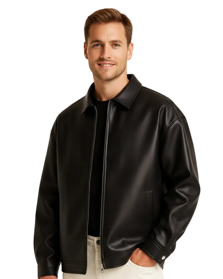Herren Lederjacke Schwarz – Reißverschluss Weiter Schnitt