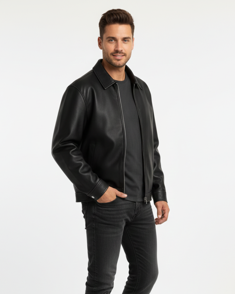 Herren Lederjacke Schwarz – Reißverschluss Weiter Schnitt