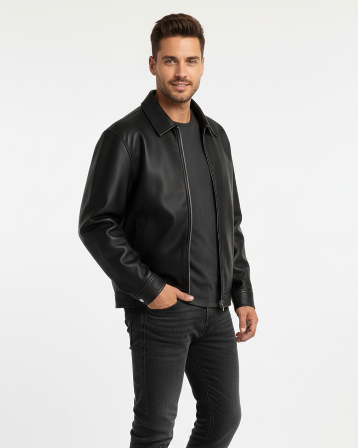 Herren Lederjacke Schwarz – Reißverschluss Weiter Schnitt