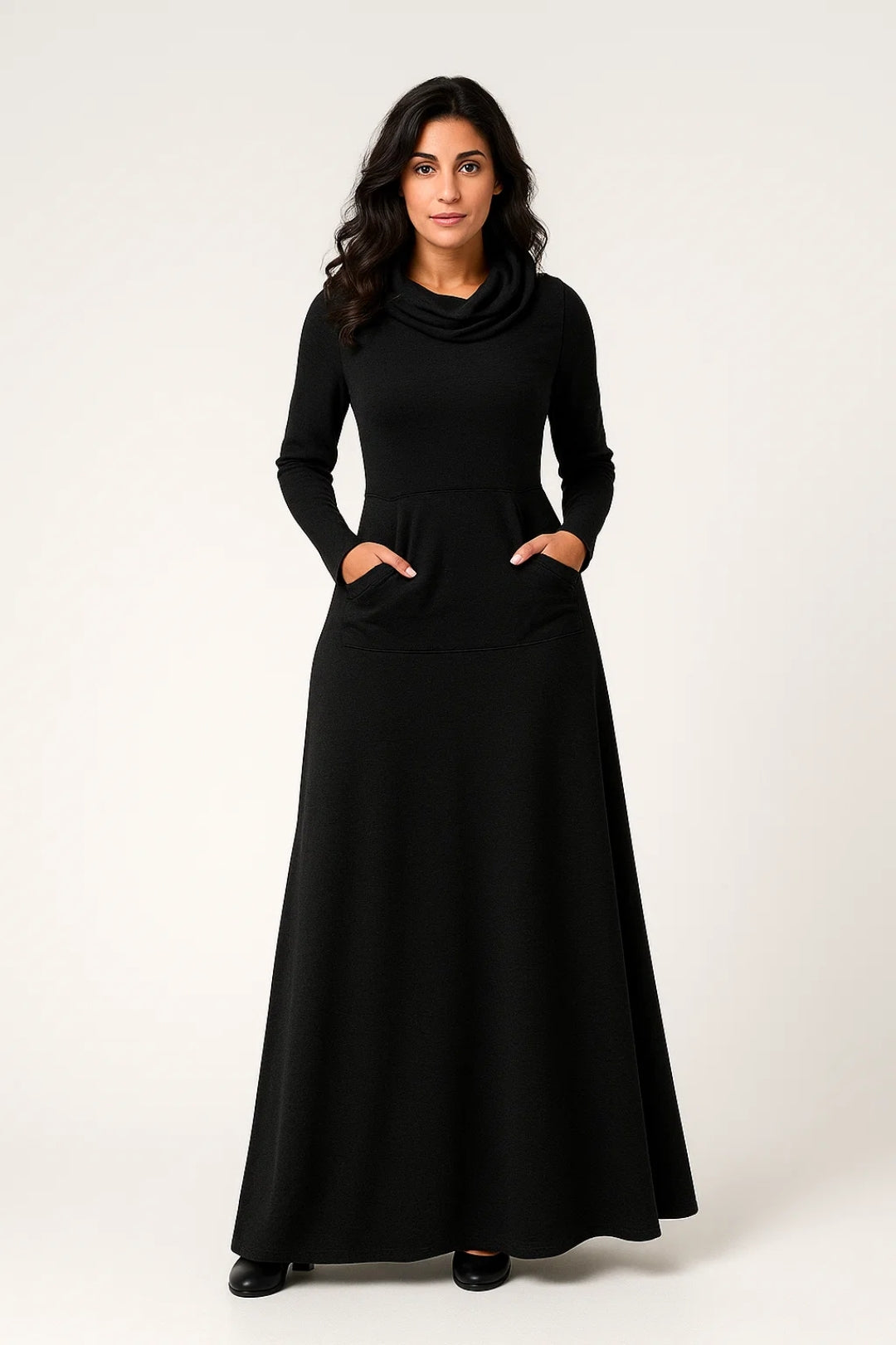 Abito lungo donna collo alto maniche lunghe – silhouette fluida