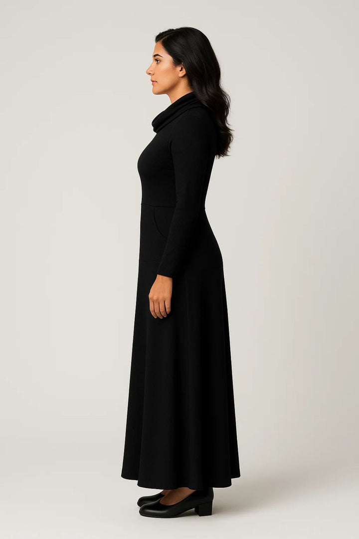 Abito lungo donna collo alto maniche lunghe – silhouette fluida