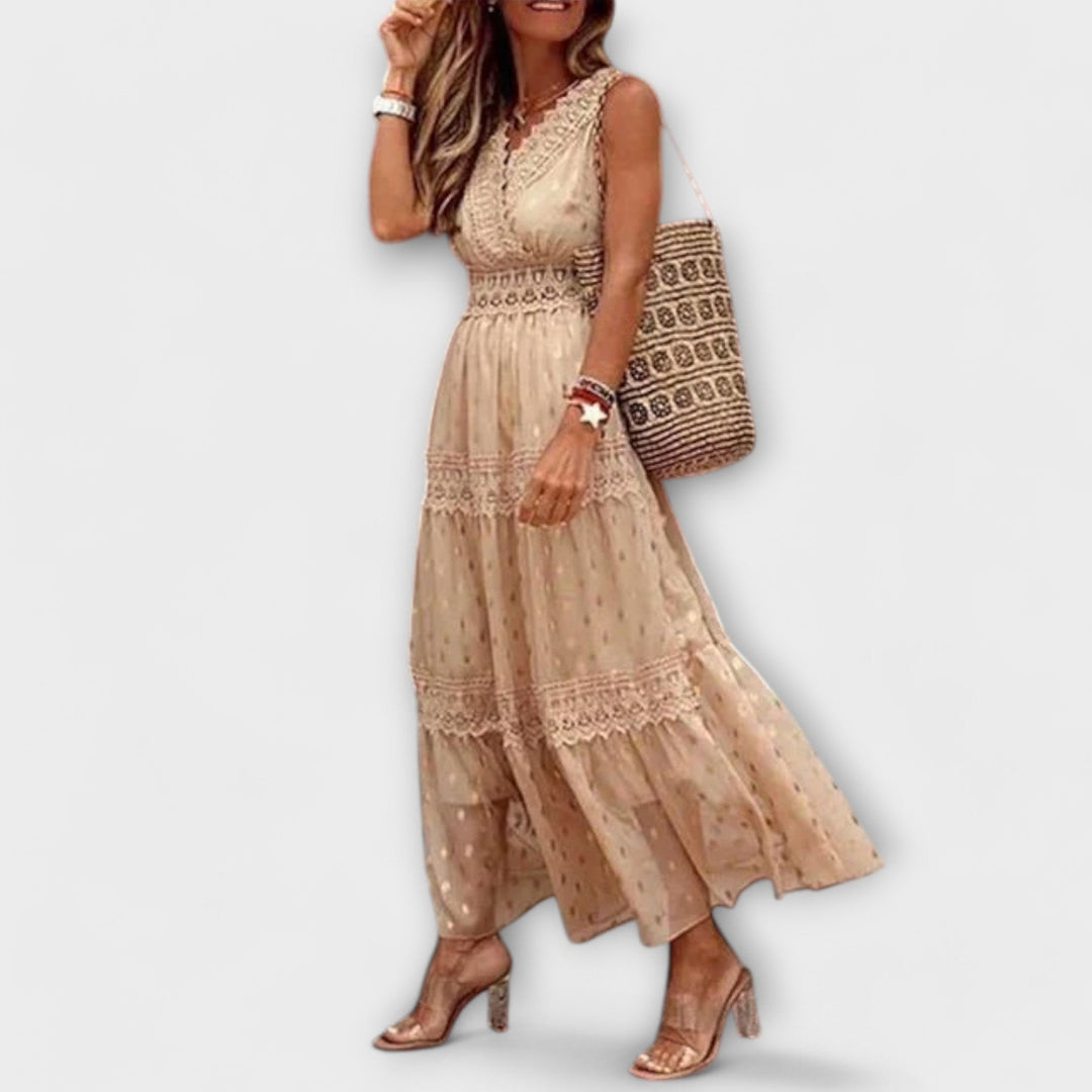 Abito Lungo Donna Bohemien – Scollo a V in Pizzo & Gonna a Balze