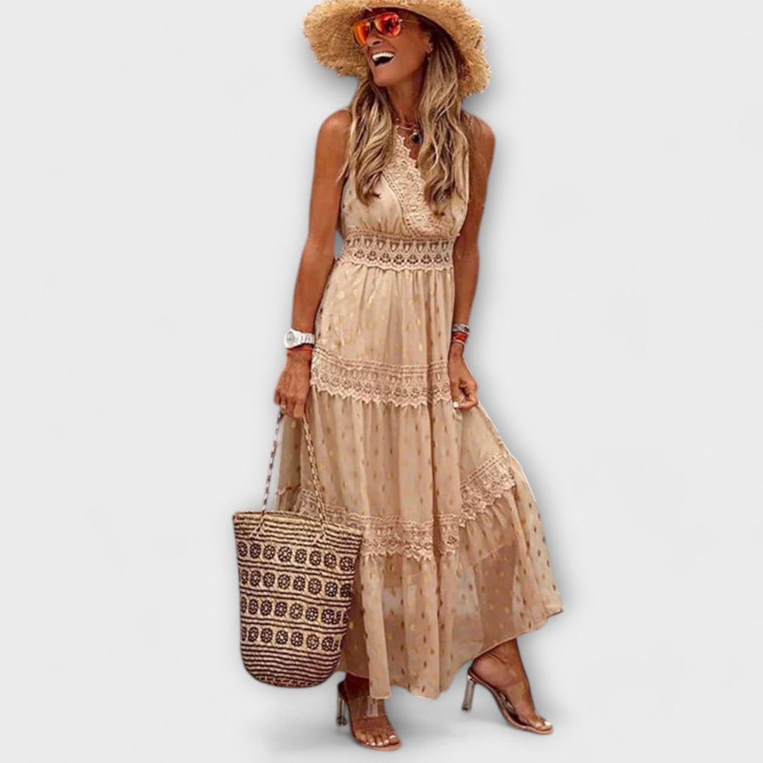 Abito Lungo Donna Bohemien – Scollo a V in Pizzo & Gonna a Balze