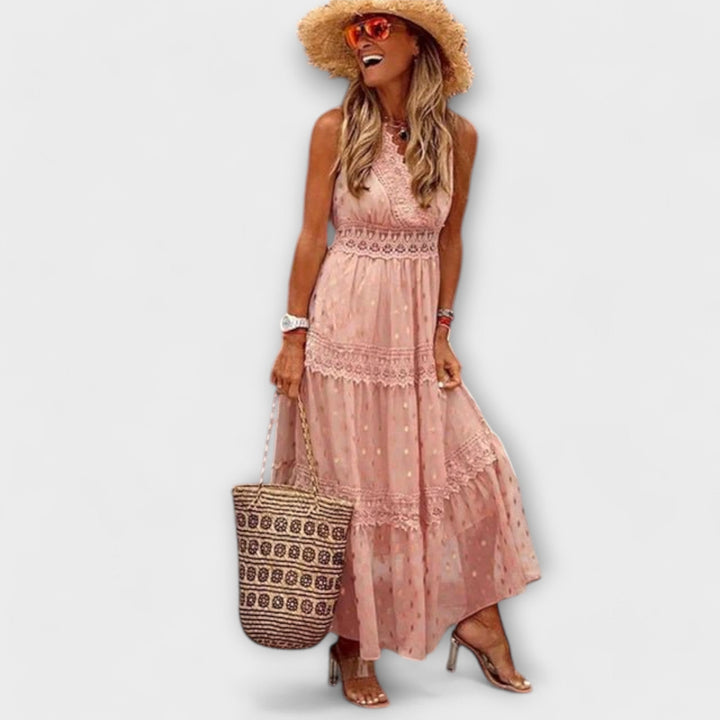 Abito Lungo Donna Bohemien – Scollo a V in Pizzo & Gonna a Balze