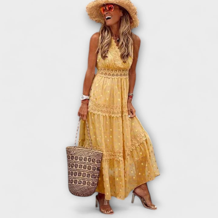 Abito Lungo Donna Bohemien – Scollo a V in Pizzo & Gonna a Balze