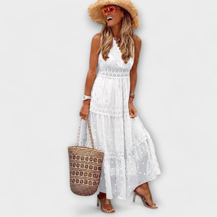 Abito Lungo Donna Bohemien – Scollo a V in Pizzo & Gonna a Balze