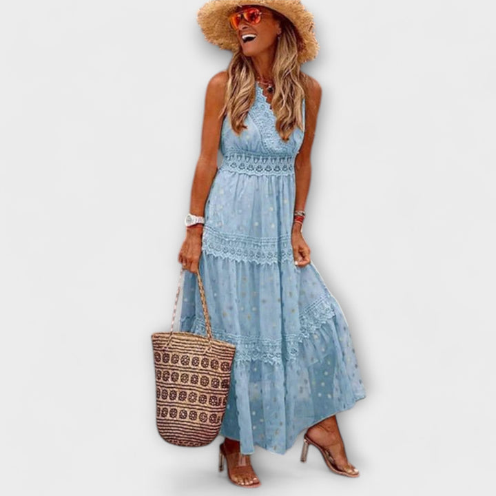 Abito Lungo Donna Bohemien – Scollo a V in Pizzo & Gonna a Balze