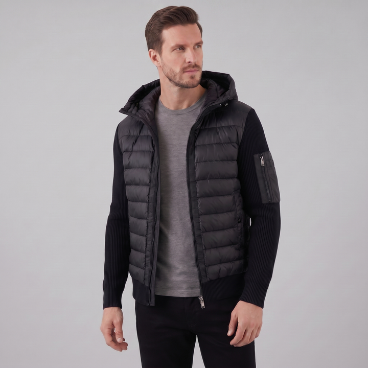 Giacca Uomo con Cappuccio Ibrida Imbottita – Maniche in Maglia Costina