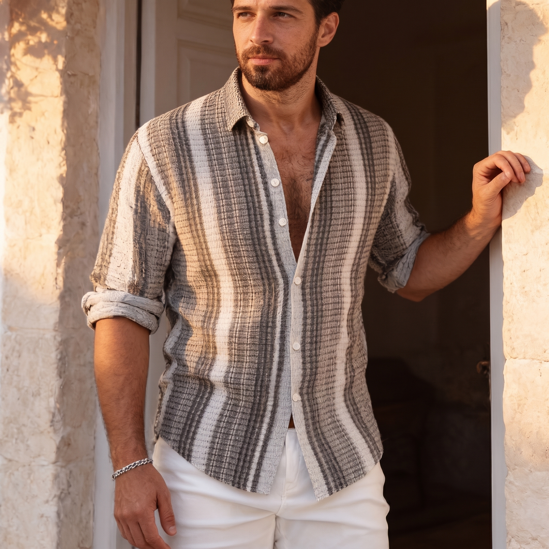 Camicia Uomo a Maniche Corte a Righe – Tessuto Traspirante Testurizzato