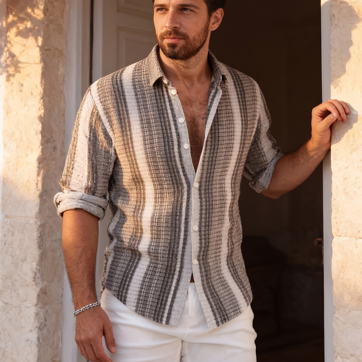 Camicia Uomo a Maniche Corte a Righe – Tessuto Traspirante Testurizzato
