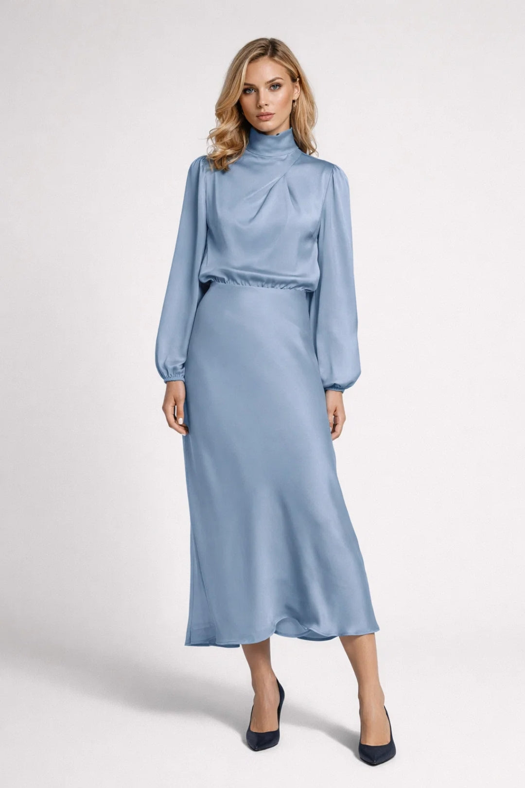 Abito Midi Donna Satinato – Collo Alto Maniche Lunghe Elegante