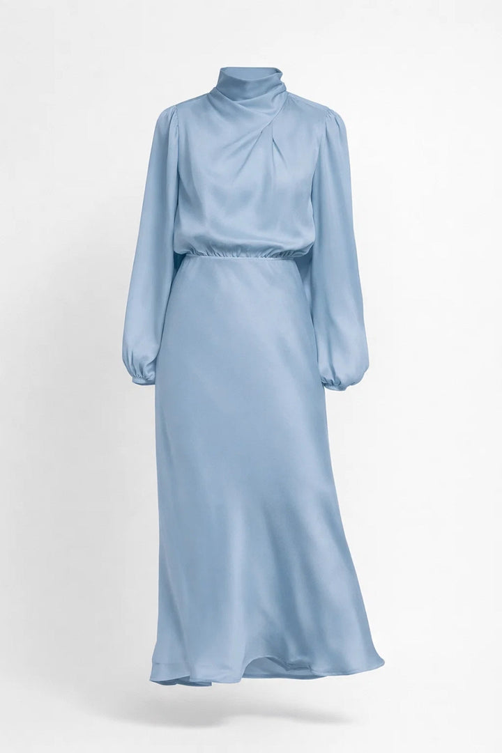 Abito Midi Donna Satinato – Collo Alto Maniche Lunghe Elegante