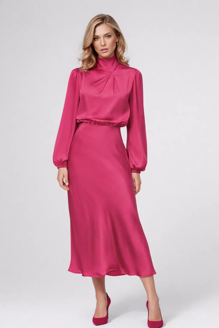 Abito Midi Donna Satinato – Collo Alto Maniche Lunghe Elegante