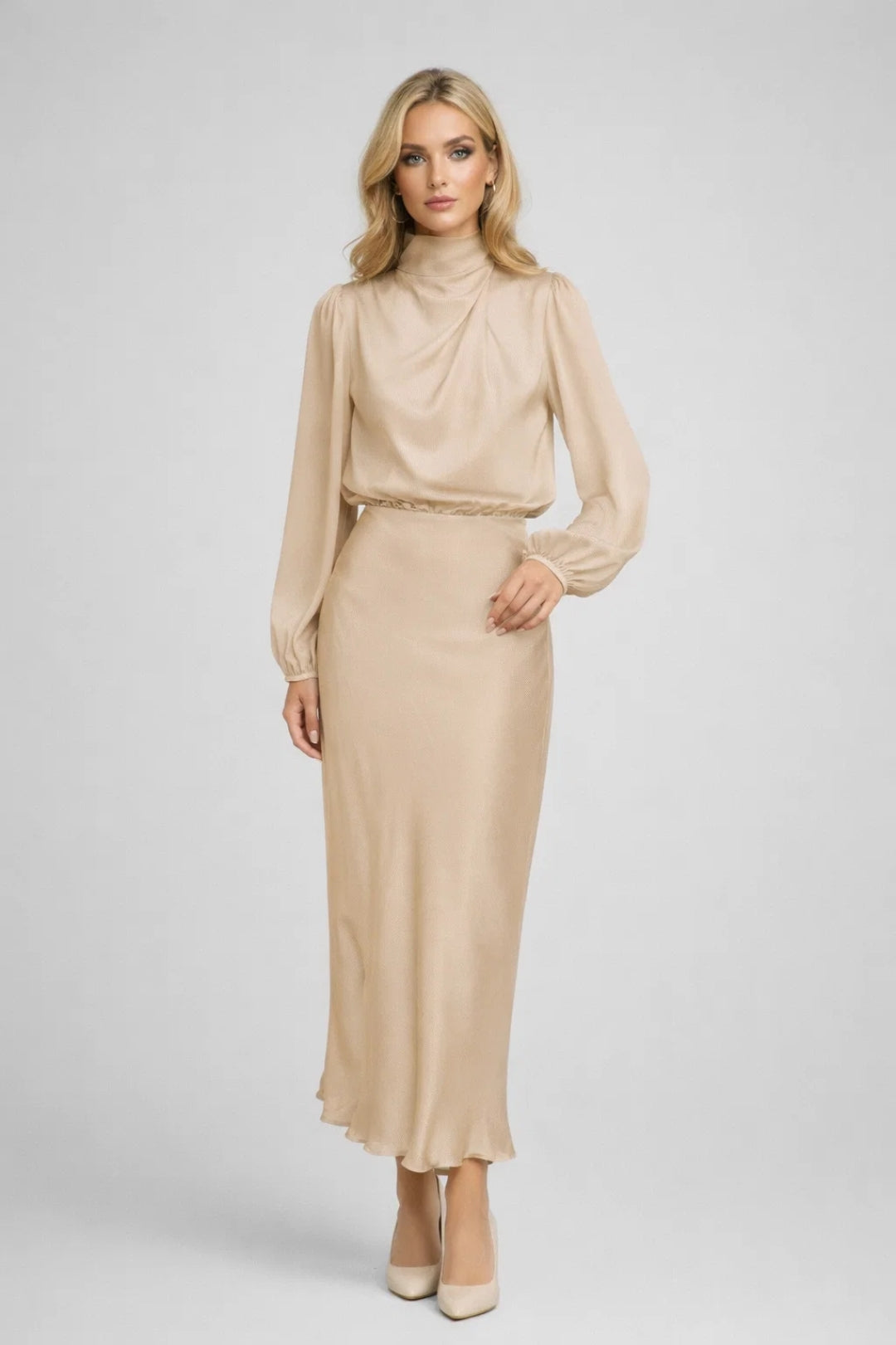 Abito Midi Donna Satinato – Collo Alto Maniche Lunghe Elegante