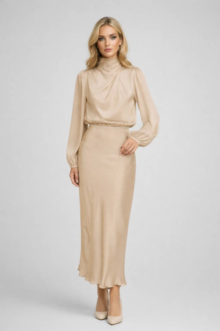 Abito Midi Donna Satinato – Collo Alto Maniche Lunghe Elegante
