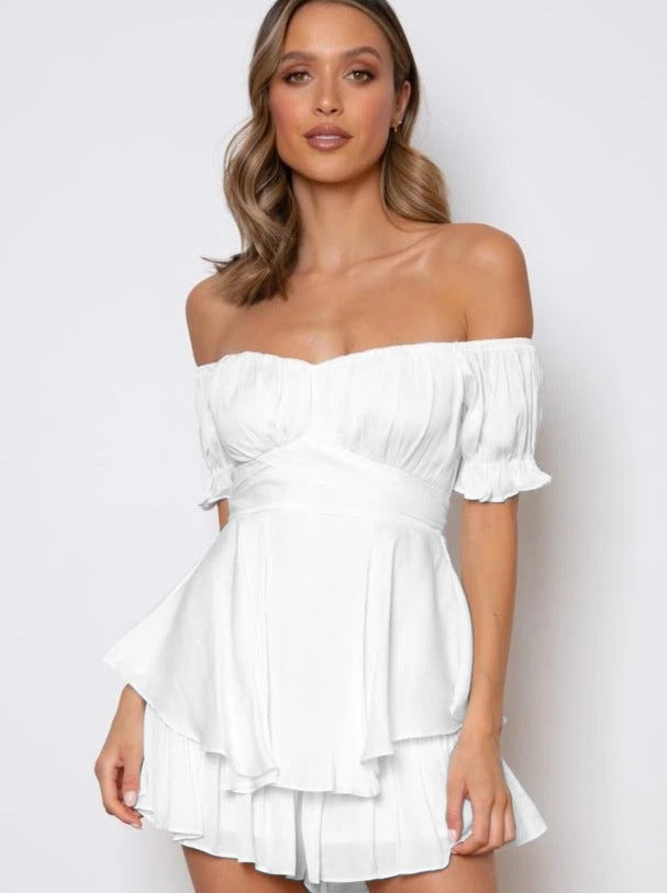 Mini-Kleid für Damen mit schulterfreiem Design – Rock mit gestuften Volants