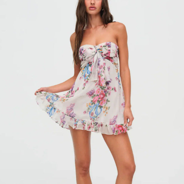 Mini-Kleid für Damen mit Blumenmuster – Bustier mit Knoten vorne & Volant-Saum