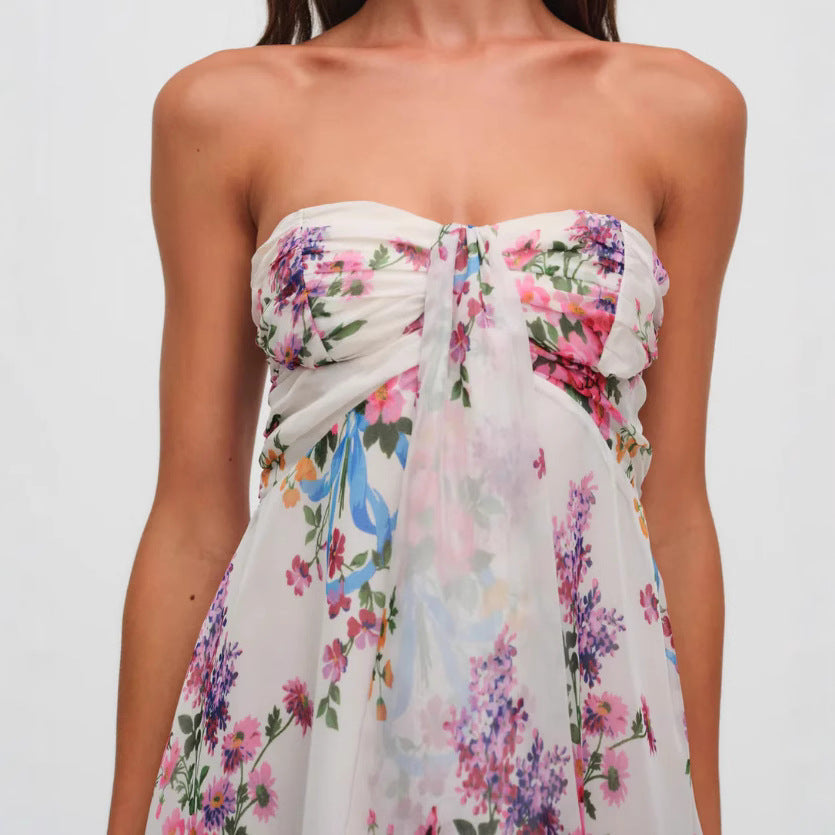 Mini-Kleid für Damen mit Blumenmuster – Bustier mit Knoten vorne & Volant-Saum