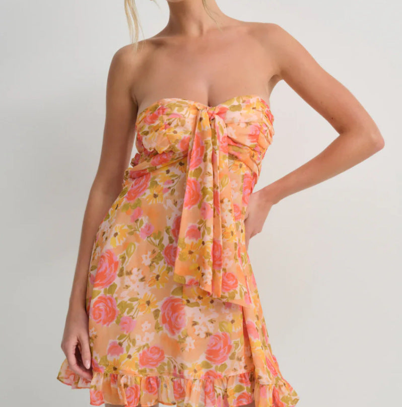 Mini-Kleid für Damen mit Blumenmuster – Bustier mit Knoten vorne & Volant-Saum