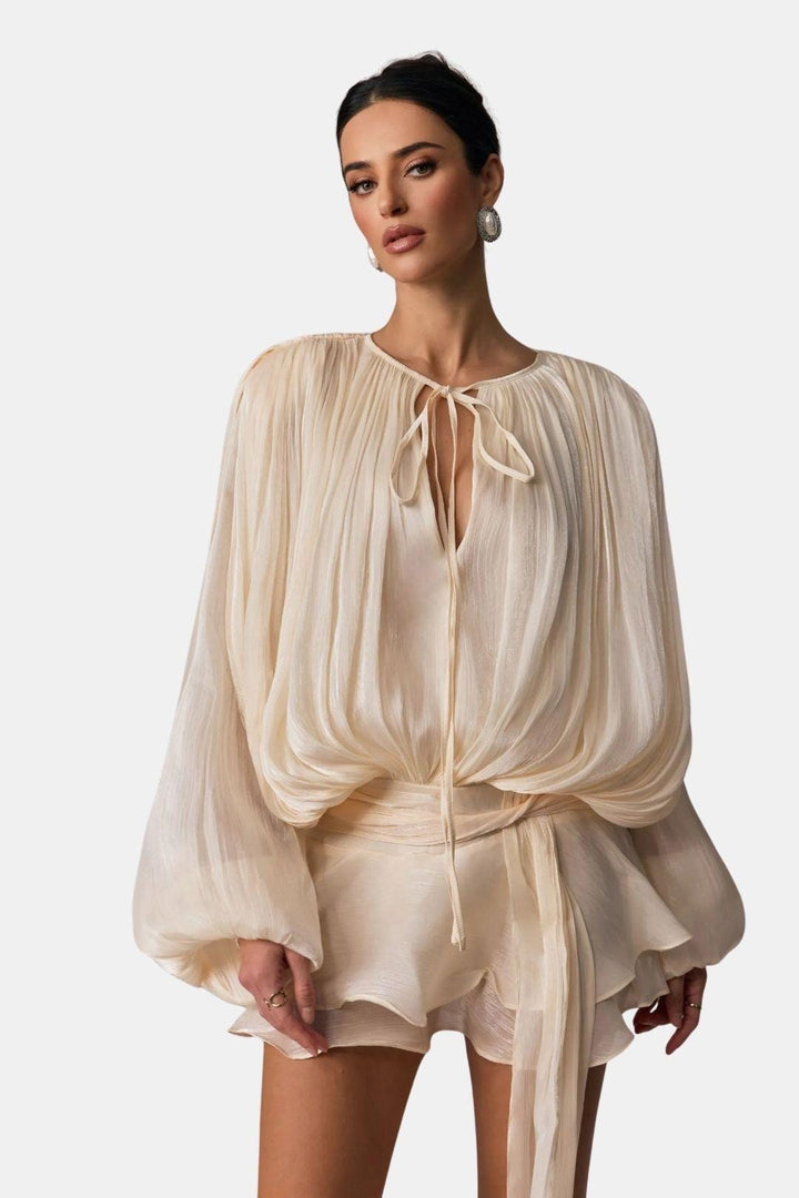 Women's Mini Dress in Woven Fabric – Eyelet Lace Collar & Ruffled Hem
