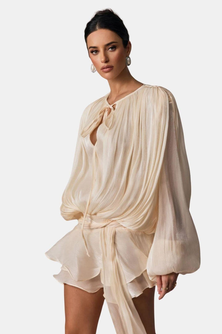 Women's Mini Dress in Woven Fabric – Eyelet Lace Collar & Ruffled Hem