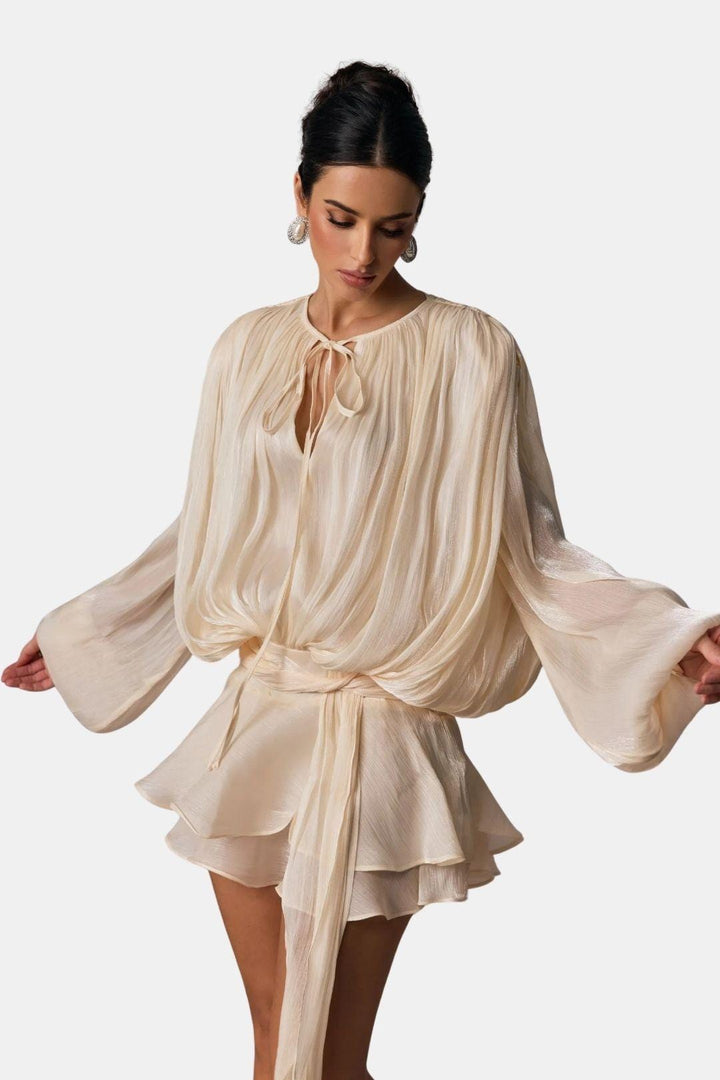 Women's Mini Dress in Woven Fabric – Eyelet Lace Collar & Ruffled Hem