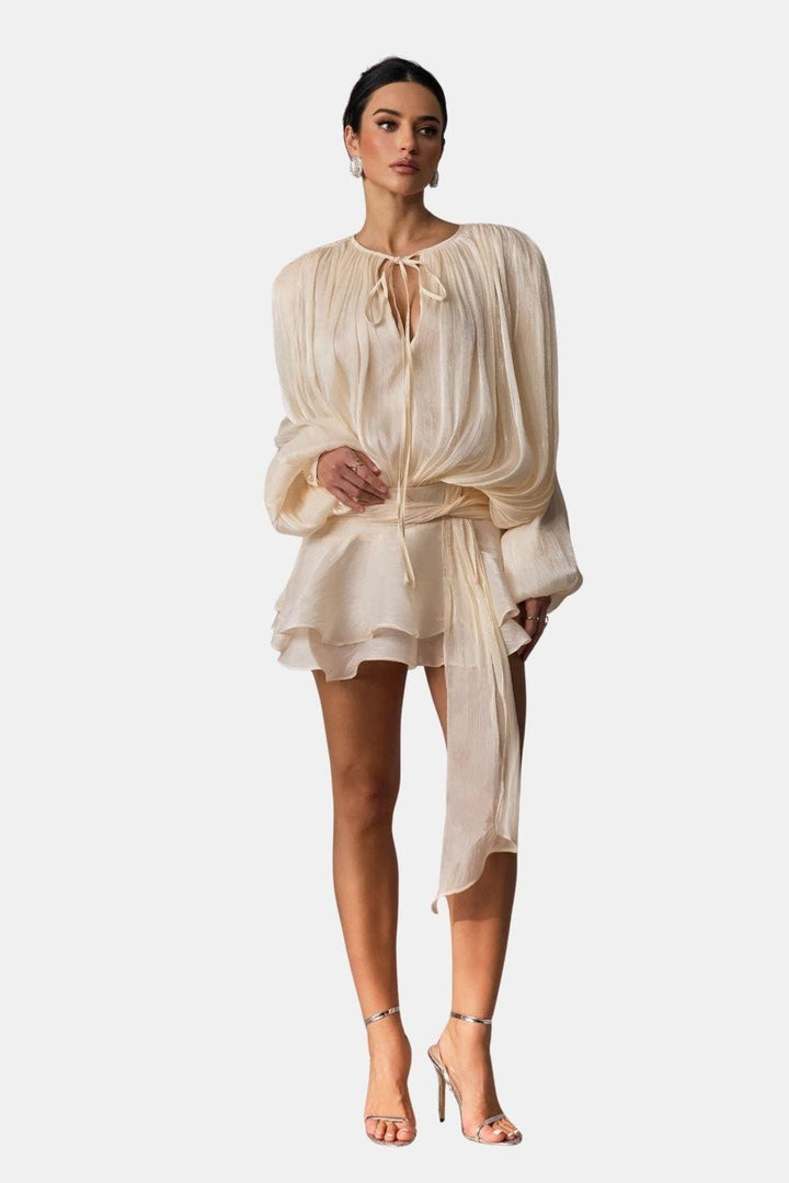 Women's Mini Dress in Woven Fabric – Eyelet Lace Collar & Ruffled Hem