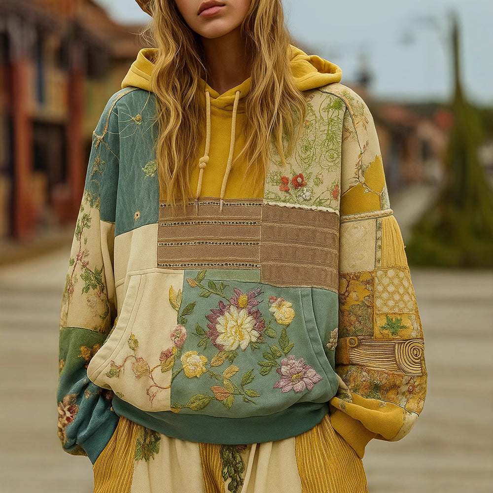 Sweat à Capuche Femme Patchwork Brodé – Appliqués Fleuris