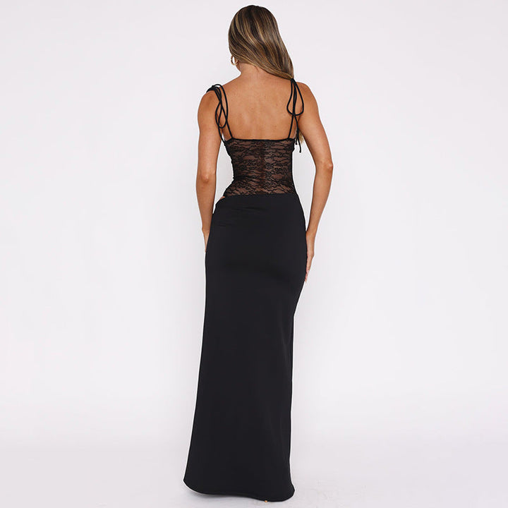 Maxikleid mit Spitzenbesatz für Damen – Ärmellos, figurbetont, ausgestellt