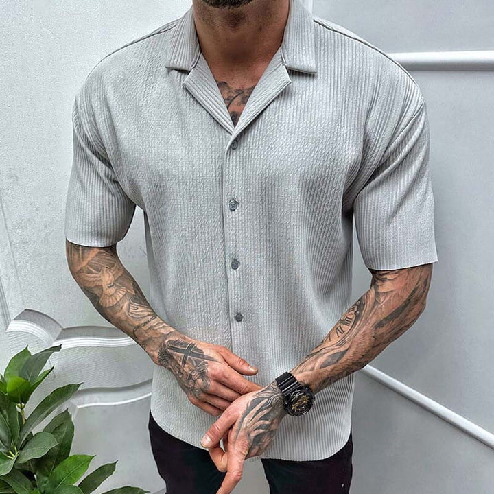 Men's Ribbed Knit Camp Collar Shirt – Short Sleeves with Buttons