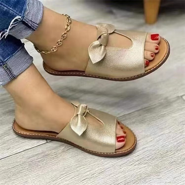 Flat Women's Sandals with Bow – Open Toe Slip-On Summer