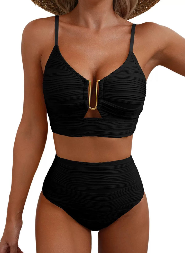 Bikini für Damen mit hoher Taille – Texturierter Stretchstoff mit U-förmigem Ringdetail