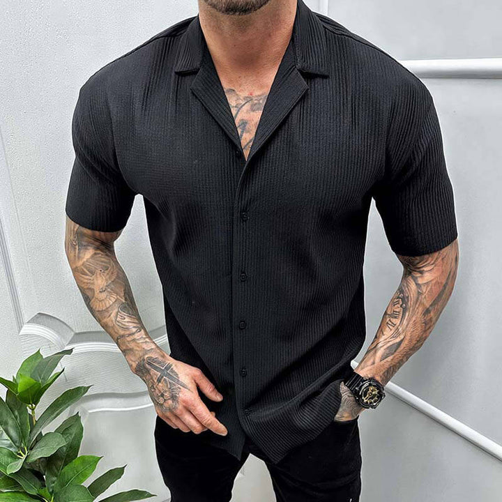 Men's Ribbed Knit Camp Collar Shirt – Short Sleeves with Buttons