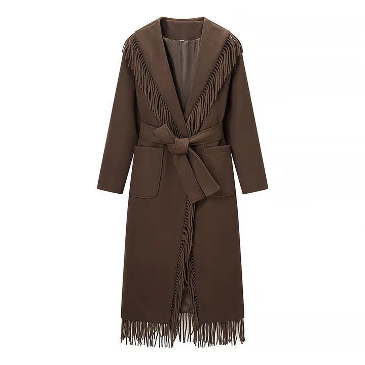 Manteau Femme Long à Franges – Col Châle et Ceinture à Nouer