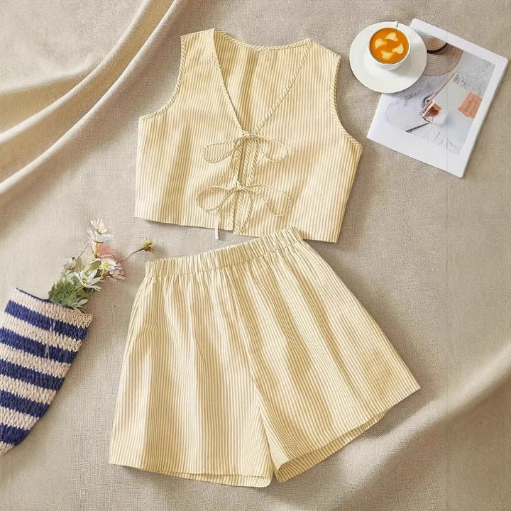 Women's Two-Piece Striped Set – Crop Top and High-Waisted Shorts with Knots