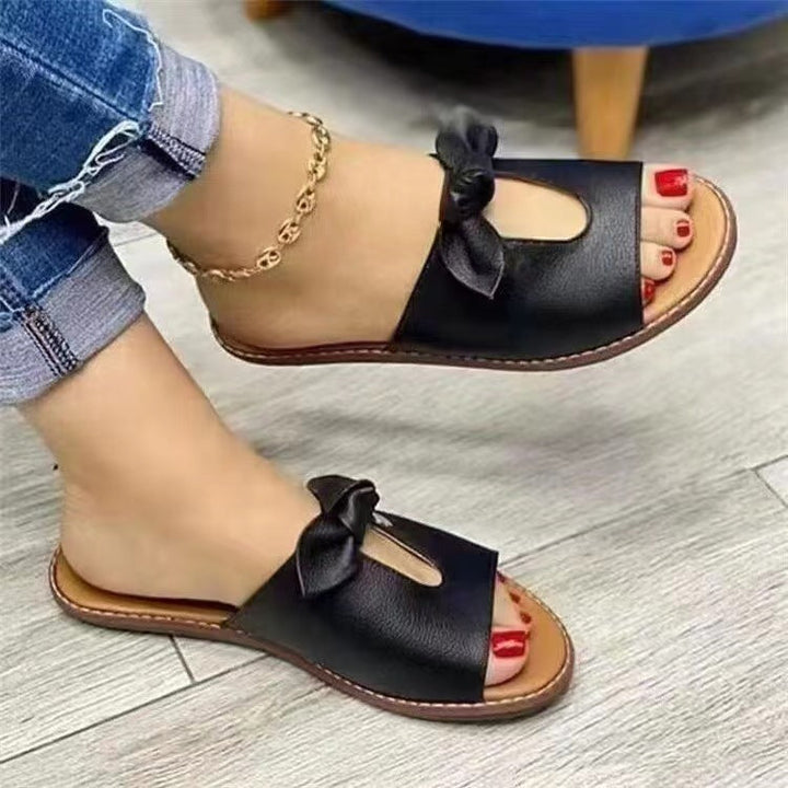 Flat Women's Sandals with Bow – Open Toe Slip-On Summer