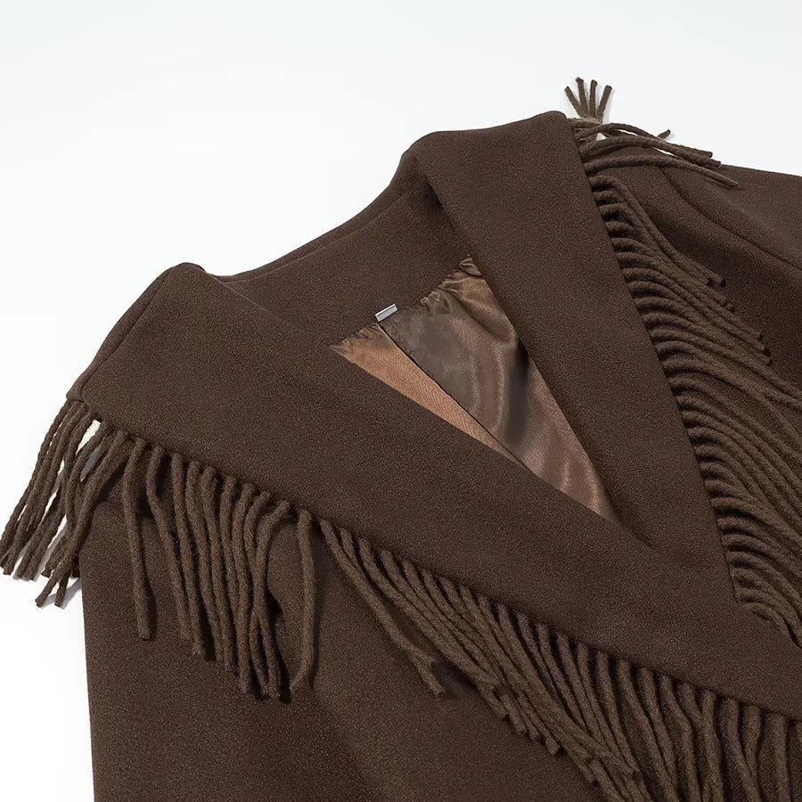 Manteau Femme Long à Franges – Col Châle et Ceinture à Nouer