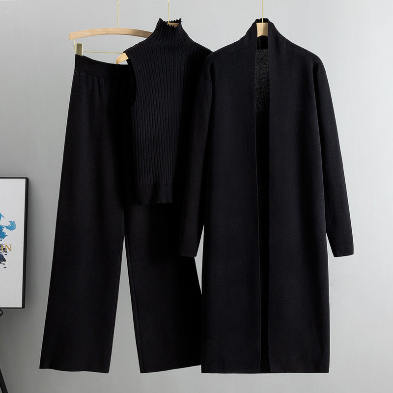 Completo Donna 3 Pezzi in Maglia – Gilet, Cardigan Lungo e Pantaloni Larghi