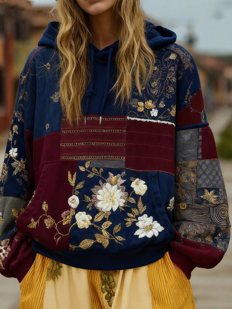 Sweat à Capuche Femme Patchwork Brodé – Appliqués Fleuris
