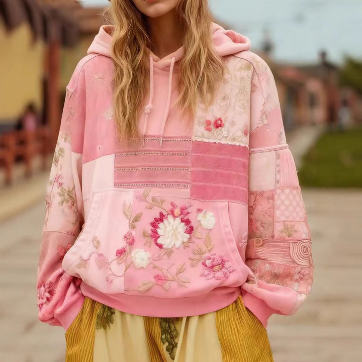 Sweat à Capuche Femme Patchwork Brodé – Appliqués Fleuris