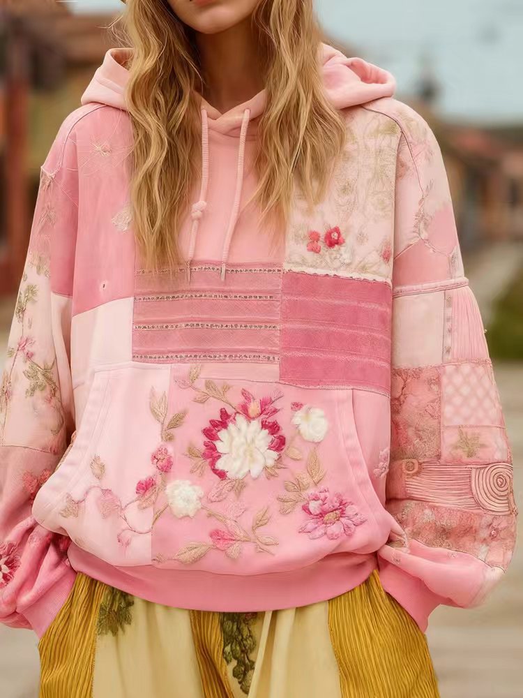 Sweat à Capuche Femme Patchwork Brodé – Appliqués Fleuris