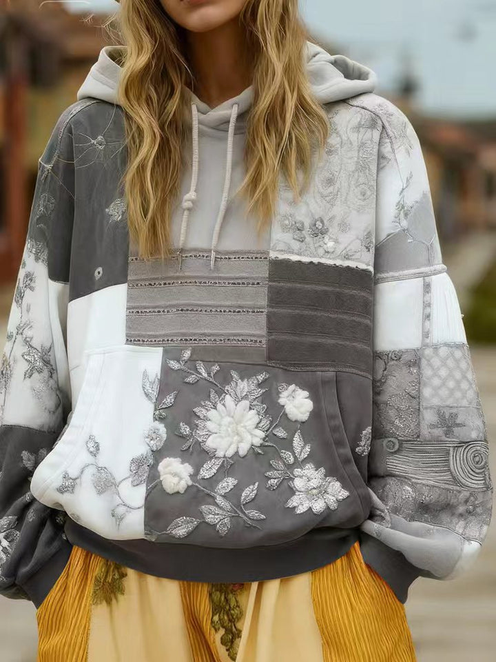 Sweat à Capuche Femme Patchwork Brodé – Appliqués Fleuris