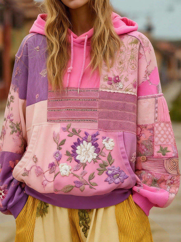 Sweat à Capuche Femme Patchwork Brodé – Appliqués Fleuris