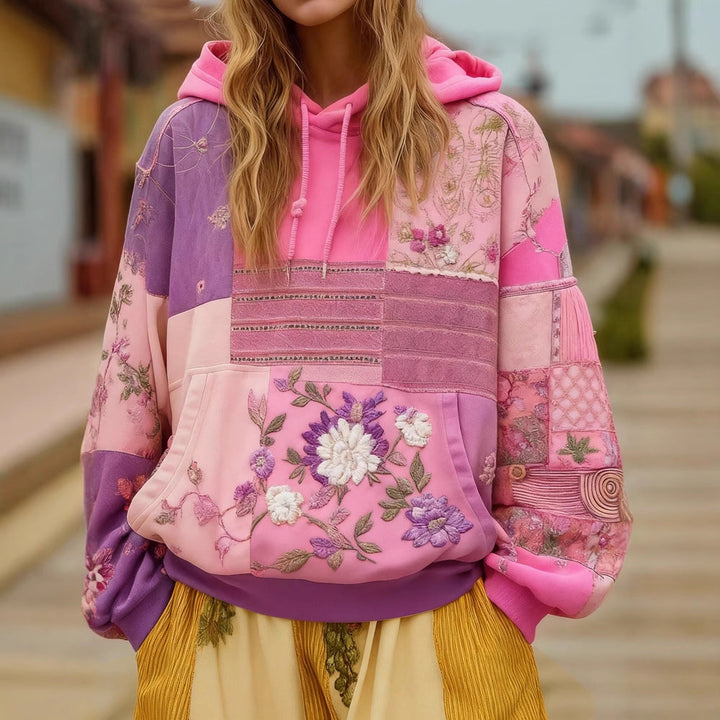 Sweat à Capuche Femme Patchwork Brodé – Appliqués Fleuris