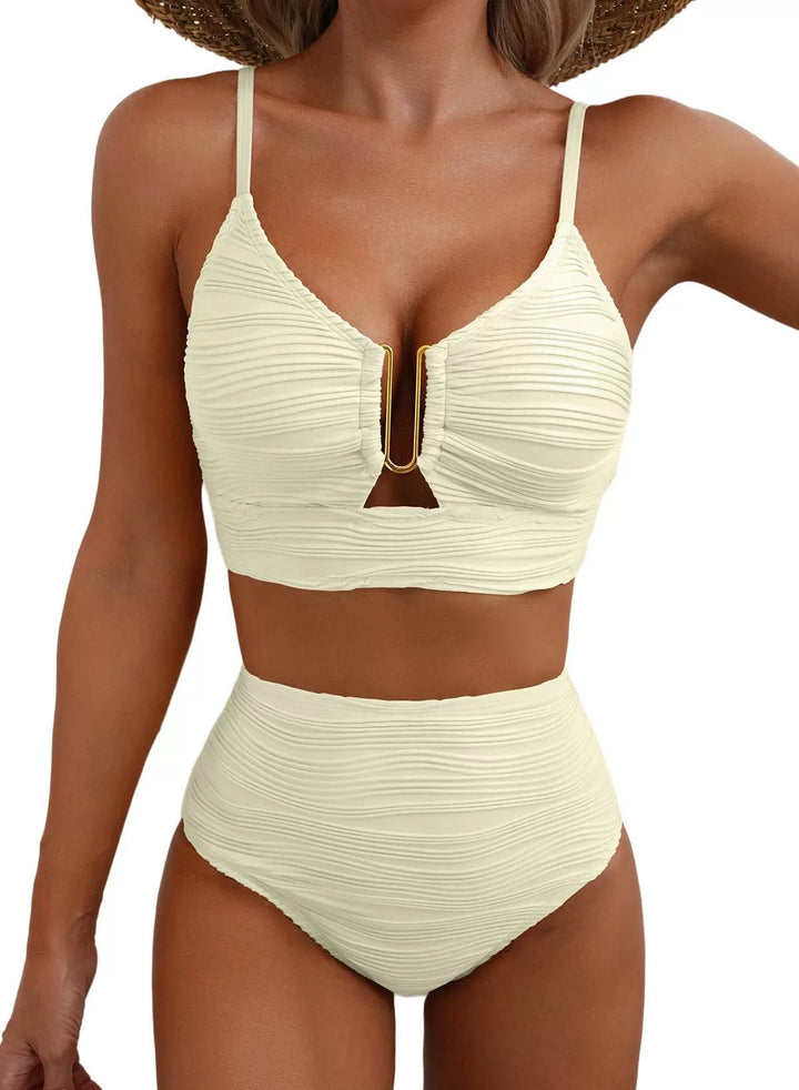 Bikini für Damen mit hoher Taille – Texturierter Stretchstoff mit U-förmigem Ringdetail