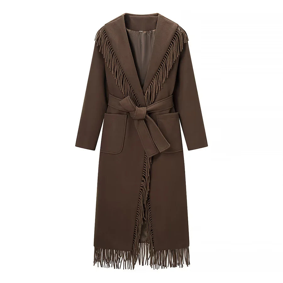 Manteau Femme Long à Franges – Col Châle et Ceinture à Nouer