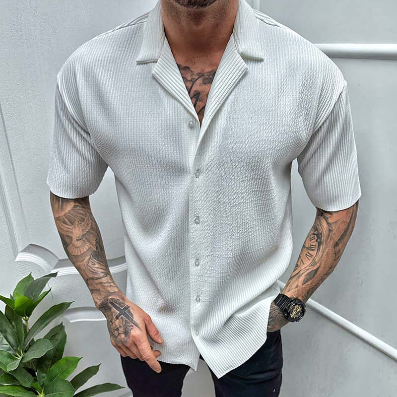Men's Ribbed Knit Camp Collar Shirt – Short Sleeves with Buttons