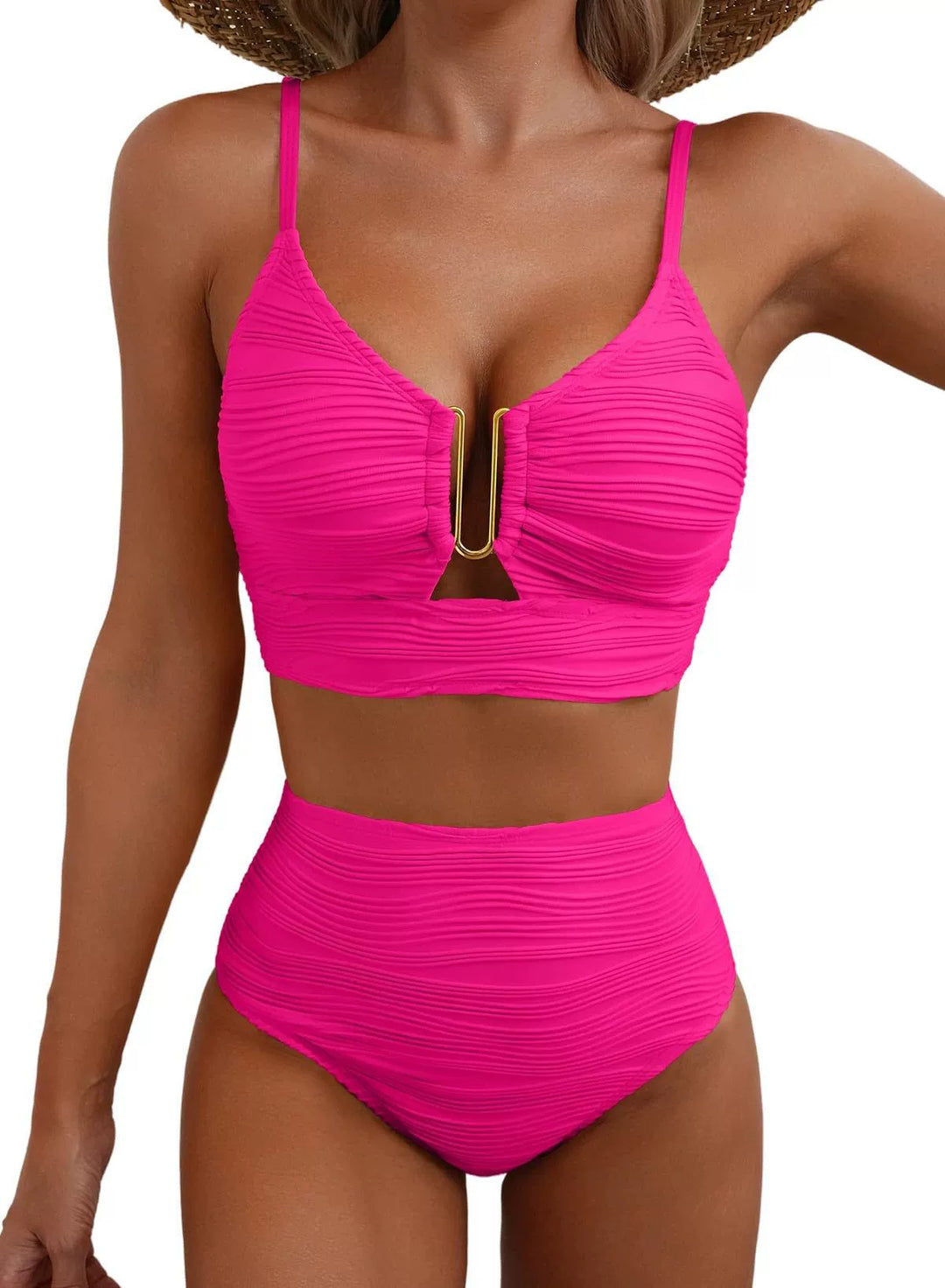 Bikini für Damen mit hoher Taille – Texturierter Stretchstoff mit U-förmigem Ringdetail