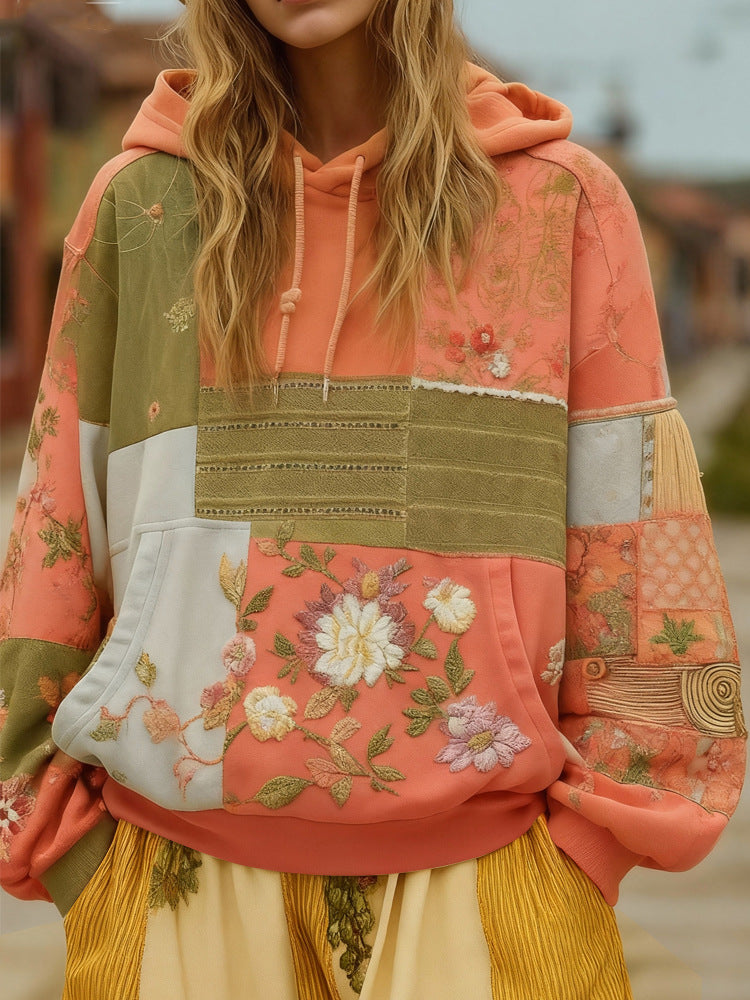 Sweat à Capuche Femme Patchwork Brodé – Appliqués Fleuris