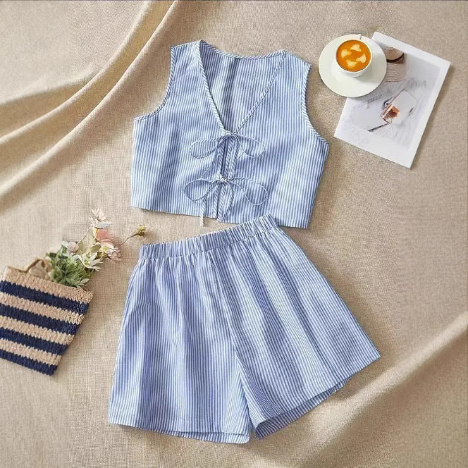 Women's Two-Piece Striped Set – Crop Top and High-Waisted Shorts with Knots